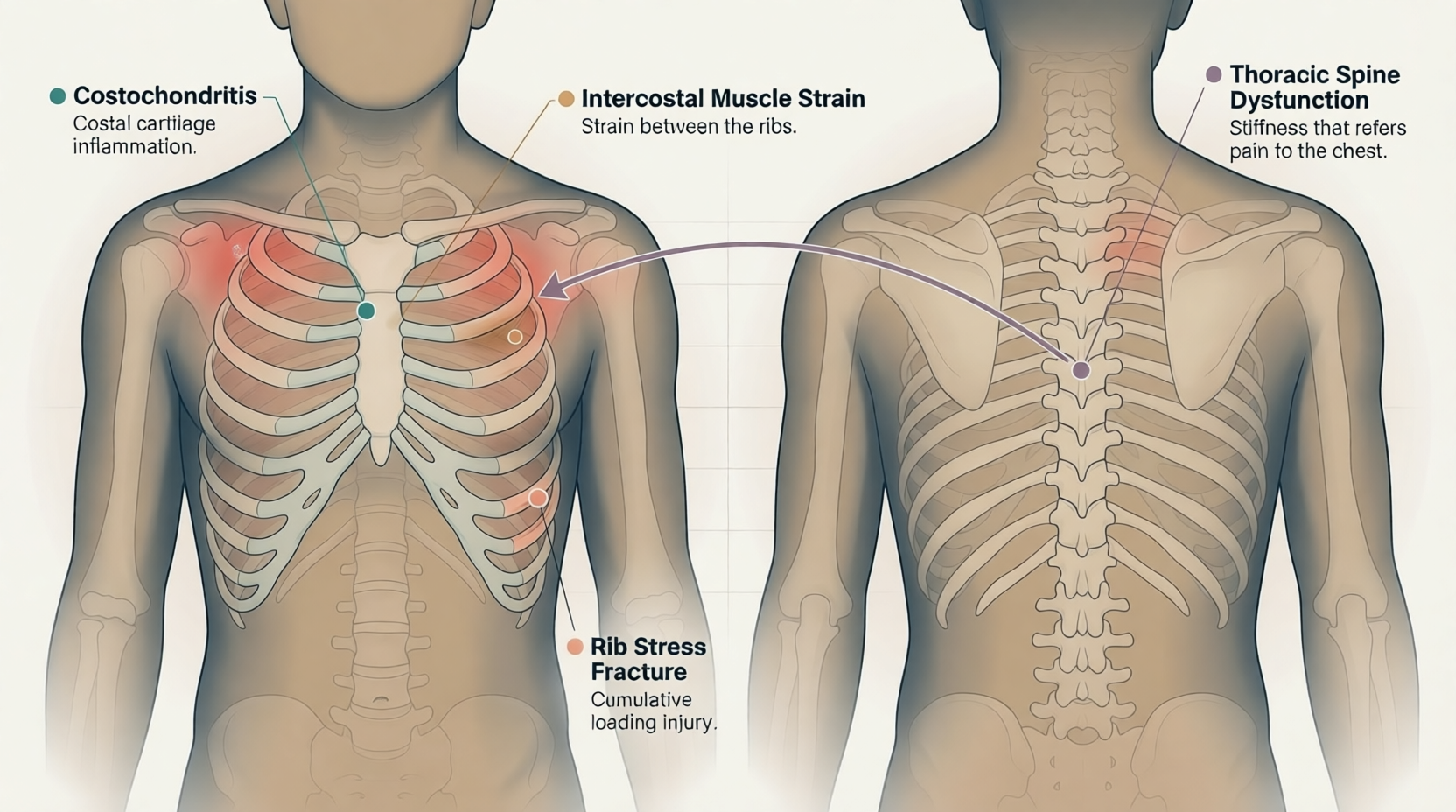 Anatomical diagram of the chest wall and thoracic spine showing four causes of musculoskeletal chest pain