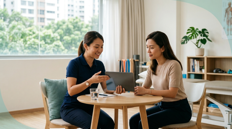 Physiotherapist and patient reviewing a personalised treatment plan understanding physiotherapy cost and care planning in Singapore