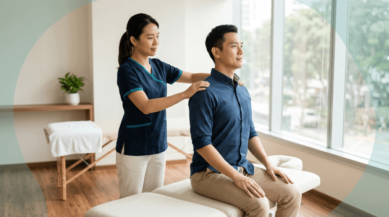 Physiotherapist guiding a patient through a thoracic extension movement for musculoskeletal chest pain assessment at PhysioVitae Singapore