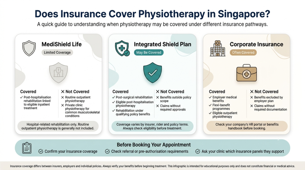nsurance coverage infographic comparing MediShield Life, Integrated Shield Plan, and Corporate Insurance for physiotherapy in Singapore, showing what treatments are generally covered, what is excluded, and key considerations before booking treatment.