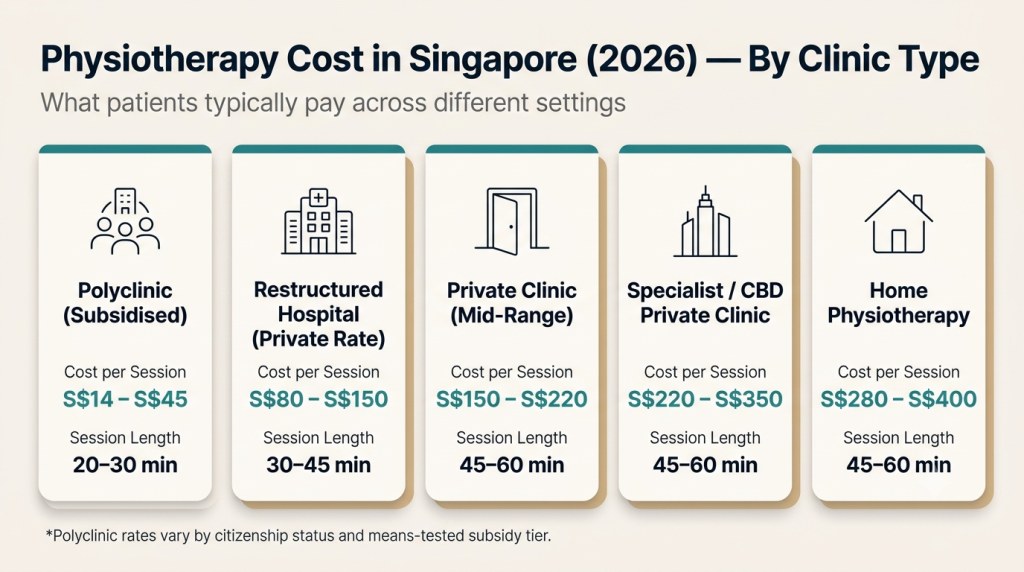 Infographic comparing physiotherapy costs across five clinic types in Singapore — polyclinic, restructured hospital, private clinic, specialist/CBD clinic, and home physiotherapy — showing cost per session and session length for each, 2026 guide. One practical note: with five cards each carrying two precise data values, image models can occasionally garble a number or two. Worth a quick proofread against the article after generating, and regenerate if anything's off.