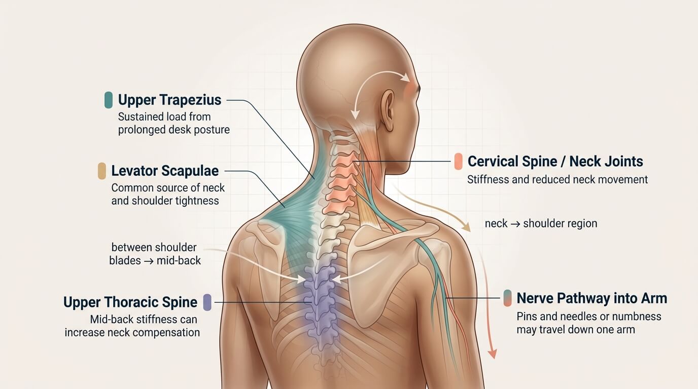 Semi-transparent anatomical illustration of desk-related neck pain showing the cervical spine, upper trapezius, levator scapulae and upper thoracic spine, with labelled pain referral from the base of the skull to the temples, shoulders, mid-back and down one arm.