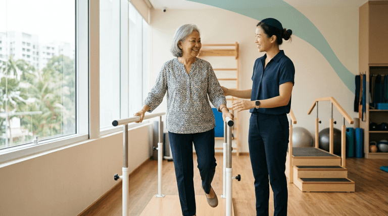 Elderly woman practising a standing balance exercise with gentle support from her physiotherapist in a bright, modern Singapore clinic — representing PhysioVitae's geriatric care and rehabilitation programme.