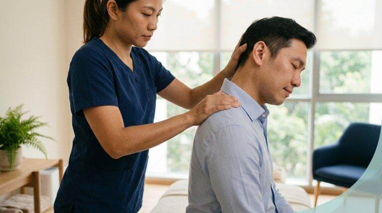 Physiotherapist performing manual neck and upper back therapy on a patient in a bright Singapore clinic, illustrating physiotherapy treatment for desk-related neck pain.