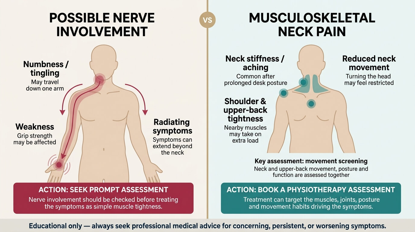 Split-screen comparison of possible nerve-related neck pain versus musculoskeletal neck pain, showing radiating arm symptoms and weakness on one side and localised neck, shoulder and upper-back stiffness with movement assessment on the other.