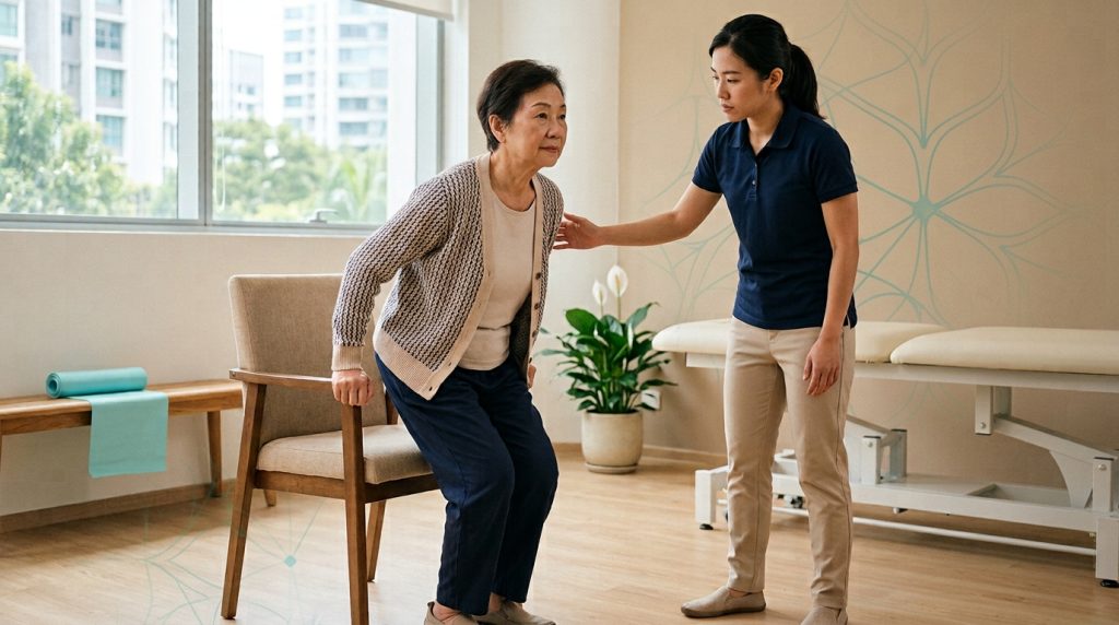 Physiotherapist supporting an older adult through a supervised sit-to-stand strength assessment, illustrating geriatric syndrome care and falls prevention in a Singapore physiotherapy clinic.