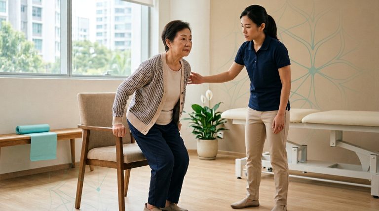 Physiotherapist supporting an older adult through a supervised sit-to-stand strength assessment, illustrating geriatric syndrome care and falls prevention in a Singapore physiotherapy clinic.