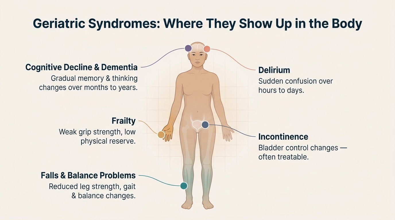 Semi-transparent full-body illustration mapping where the five common geriatric syndromes show up — balance and gait changes in the legs, grip strength changes for frailty in the hand, cognitive decline and delirium marked at either side of the head, and bladder changes for incontinence at the pelvis.