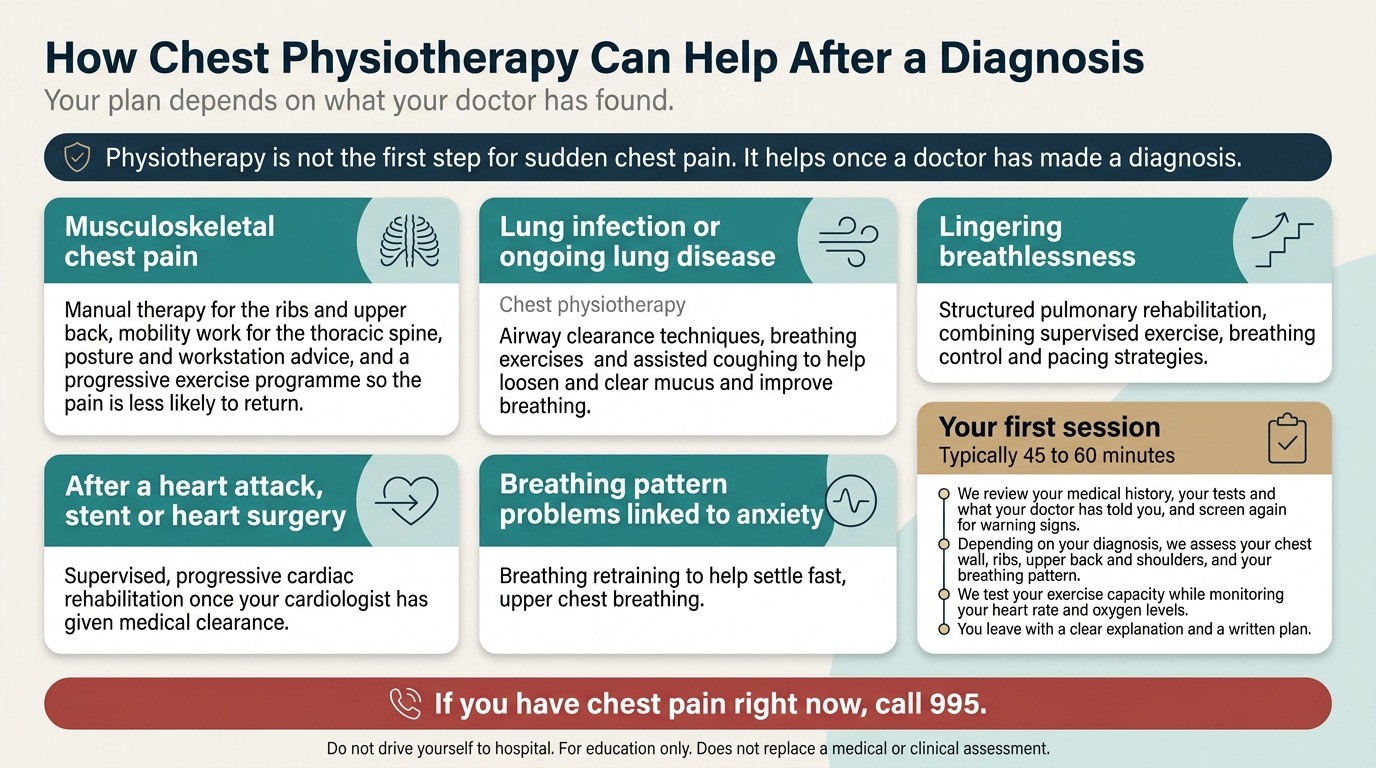 Category grid infographic in Singapore showing how chest physiotherapy can help after a doctor's diagnosis. A banner states physiotherapy is not the first step for sudden chest pain. Five cards cover musculoskeletal chest pain, lung infection or ongoing lung disease, lingering breathlessness, recovery after a heart attack, stent or heart surgery, and breathing problems linked to anxiety. A sixth card outlines the first session, lasting 45 to 60 minutes. A red footer bar says to call 995 if you have chest pain right now.