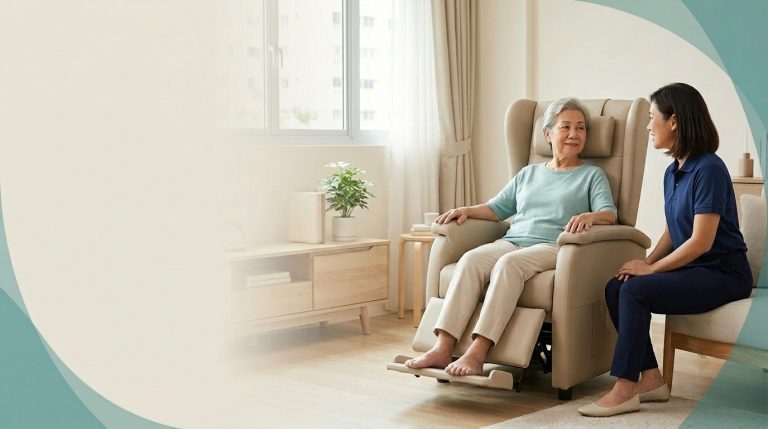Older woman seated comfortably in a high-back geriatric recliner in a Singapore home, with her daughter nearby, illustrating supportive seating for older adults.