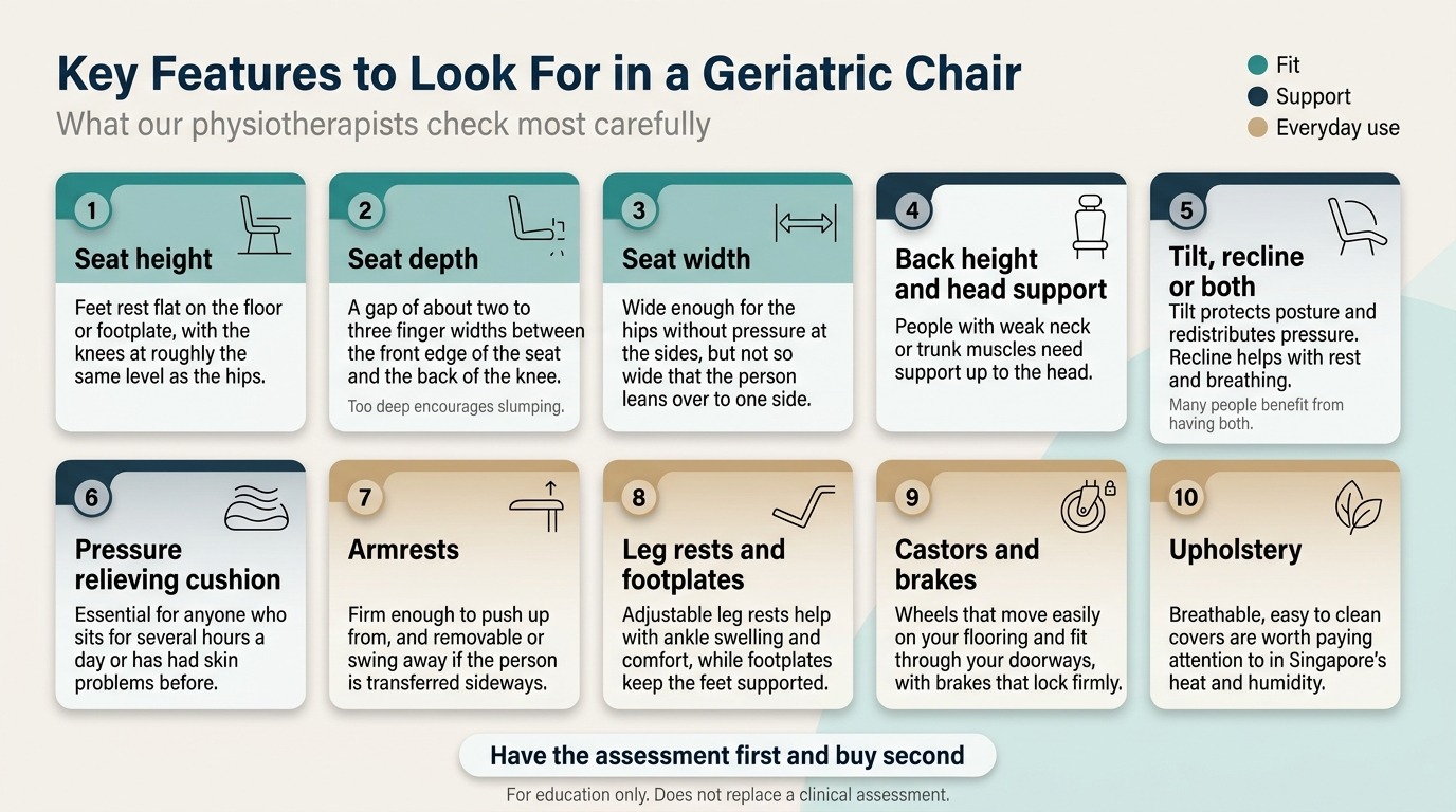 Category grid infographic in Singapore showing ten key features to look for in a geriatric chair, in two rows of five cards. Fit features: seat height, seat depth and seat width. Support features: back height and head support, tilt or recline, and pressure relieving cushion. Everyday use features: armrests, leg rests and footplates, castors and brakes, and upholstery. A footer advises having the assessment first and buying second.