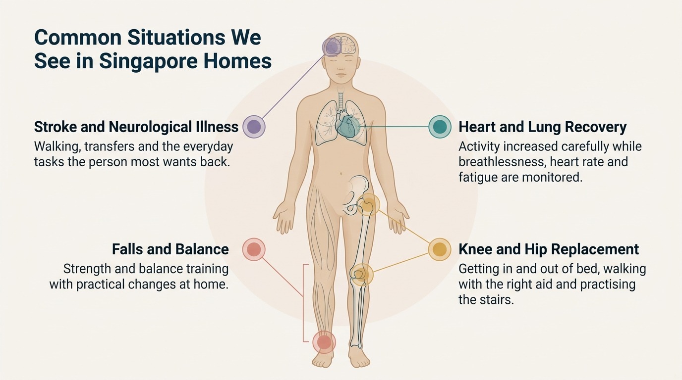A semi-transparent anatomical illustration of a standing adult figure with four colour-coded markers. The brain is labelled Stroke and Neurological Illness, the lower legs and ankles Falls and Balance, the heart and lungs Heart and Lung Recovery, and the hip and knee joints Knee and Hip Replacement. It shows the common conditions treated during home physiotherapy visits in Singapore.