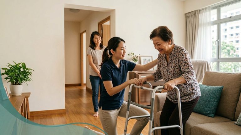 Physiotherapist helping an older woman practise rising from her sofa with a walking frame during a home physiotherapy visit in Singapore, with a family member watching and learning how to assist.
