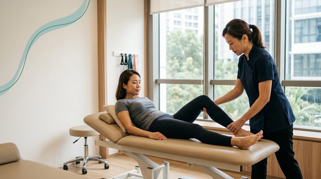 Physiotherapist assessing a patient's hamstring strength on a treatment plinth before returning to Pilates after a muscle injury.