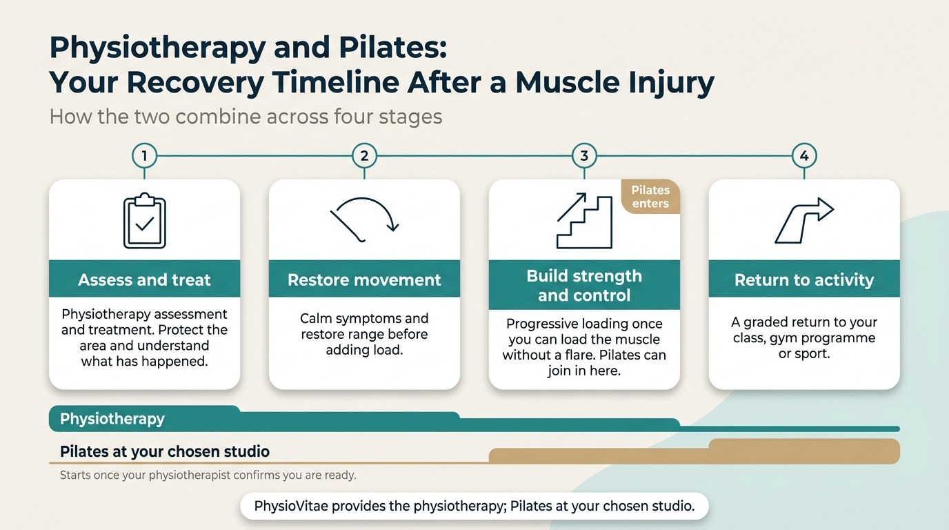 Horizontal four-stage infographic showing how physiotherapy and Pilates combine after a muscle injury: Assess and treat, Restore movement, Build strength and control, and Return to activity. A teal physiotherapy band is heaviest early and continues throughout, while a beige Pilates band enters from stage three. The footer notes that PhysioVitae provides the physiotherapy and Pilates is done at your chosen studio.