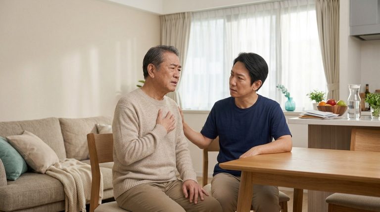 experiencing sudden chest discomfort while seated at home, illustrating an article about chest pain warning signs and when to seek medical care in Singapore.