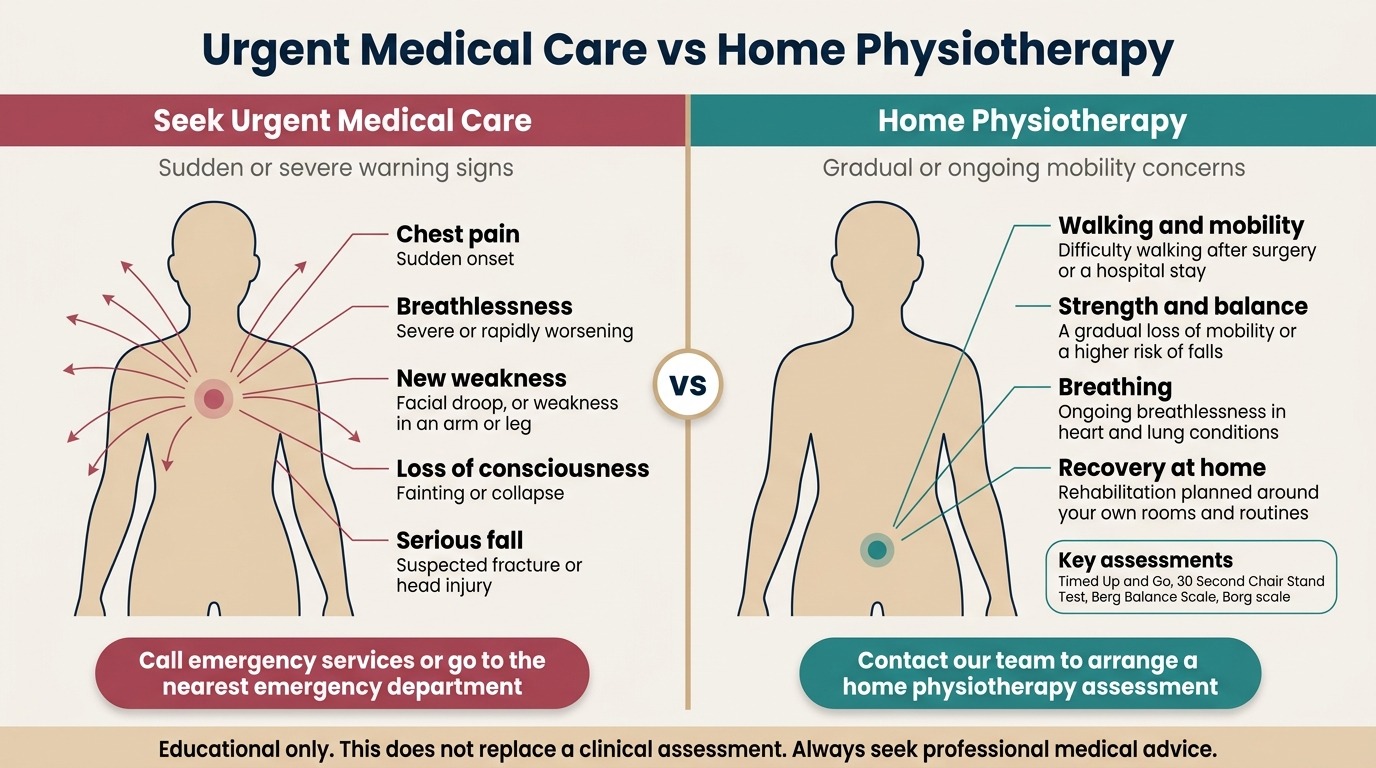 A split-screen comparison graphic titled "Urgent Medical Care vs Home Physiotherapy". The left side, in deep rose, shows a torso silhouette with radiating arrows from the chest and lists the warning signs that need emergency care: sudden chest pain, severe breathlessness, new weakness, loss of consciousness and a serious fall. The right side, in teal, shows a silhouette with a single localised marker and lists the mobility, balance and breathing concerns home physiotherapy helps with, plus key assessments, with an educational disclaimer banner across the bottom.